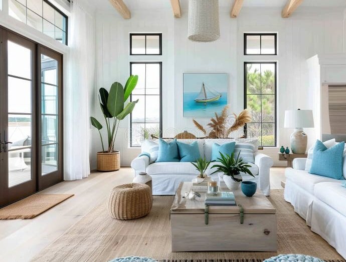 Home & Decor 1 bright modern living room coastal theme white walls light blue furniture nautical decor large windows potted plants