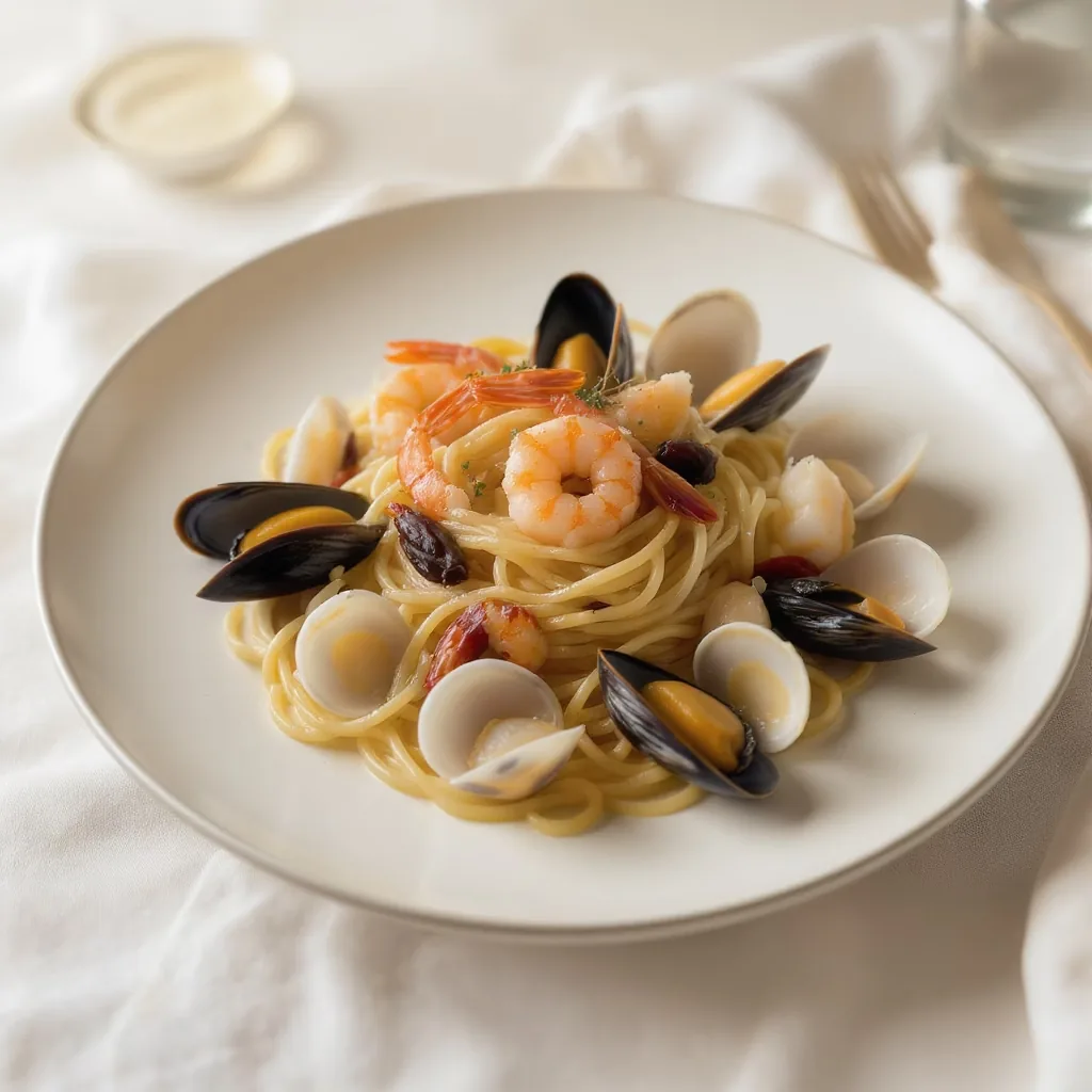 Seafood spaghetti with mussels, clams and shrimp, Mediterranean coastal dinner