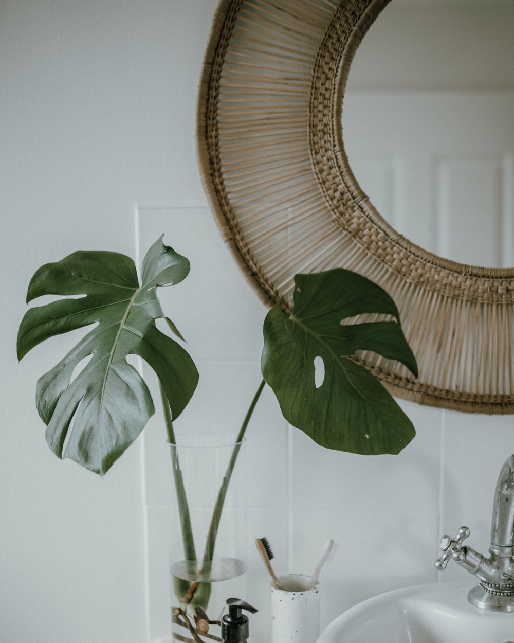 Coastal Bathroom Ideas: Small Bathroom Before and After 2 Small coastal bathroom with a round rattan mirror, white walls and fresh monstera leaves in a glass vase