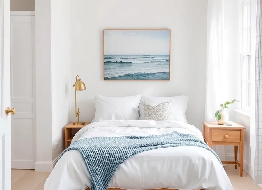 Coastal Bedroom Ideas: 7 Do's and Don'ts for a Calm Beach-House Feel 1 Coastal bedroom with white linen bedding, soft blue throw, jute rug and rattan pendant lamp