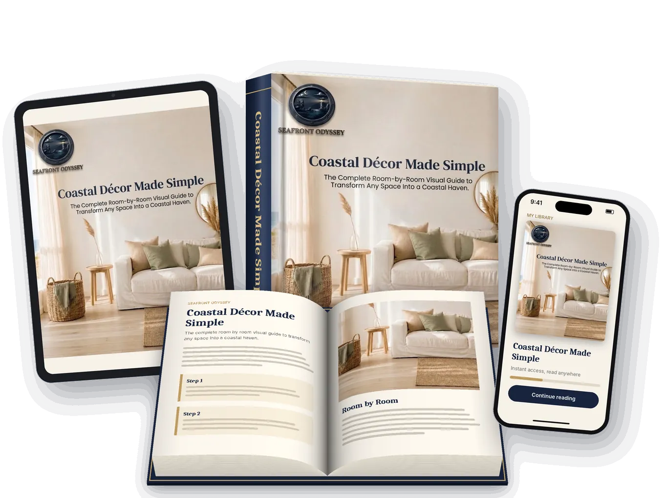 Coastal Décor Made Simple guide as hardcover book, open book, iPad and iPhone