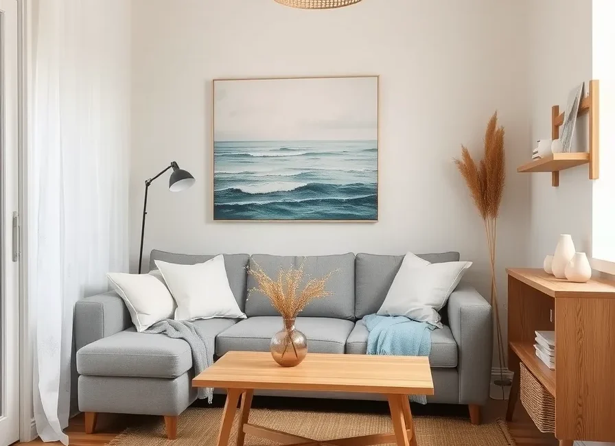 Coastal Decor Mistakes: 7 to Avoid (and Easy Fixes) 1 Same small living room fixed with soft white walls, a jute rug, a rattan pendant, one large sea painting and a light oak coffee table