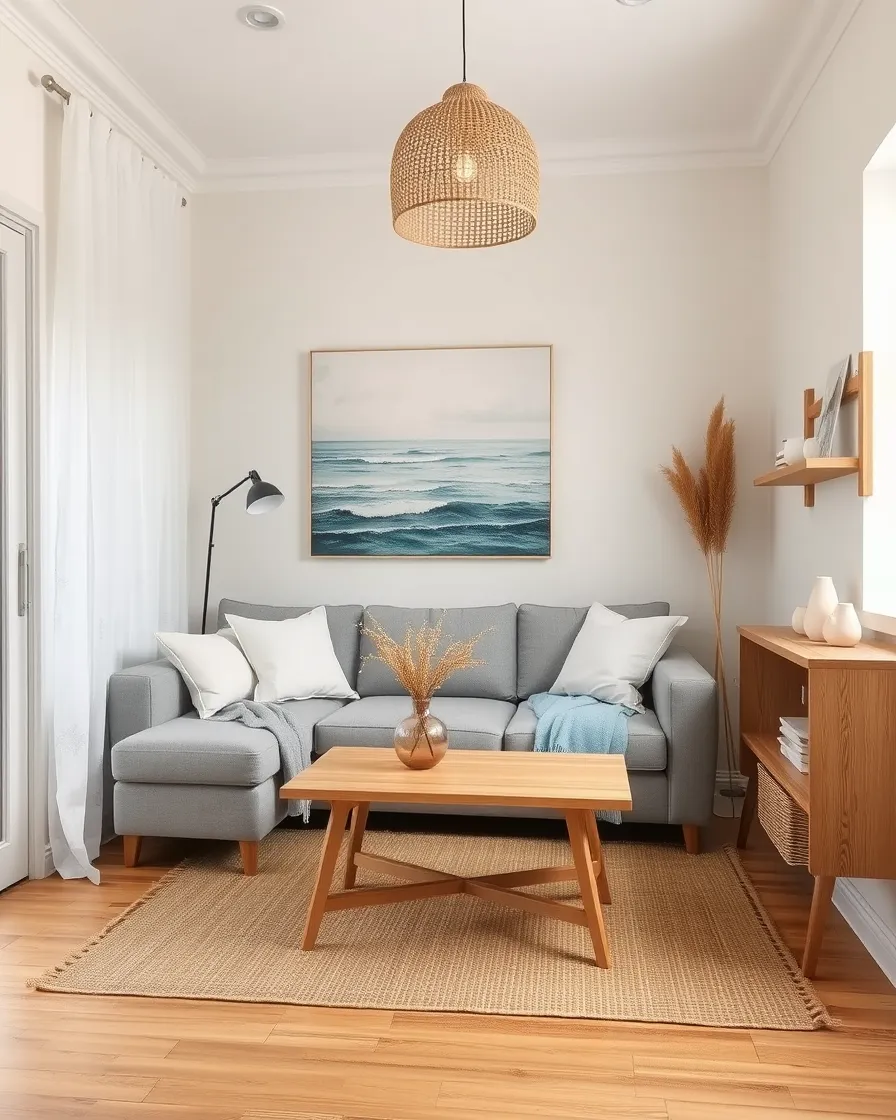 Coastal Decor Mistakes: 7 to Avoid (and Easy Fixes) 3 Same small living room fixed with soft white walls, a jute rug, a rattan pendant, one large sea painting and a light oak coffee table