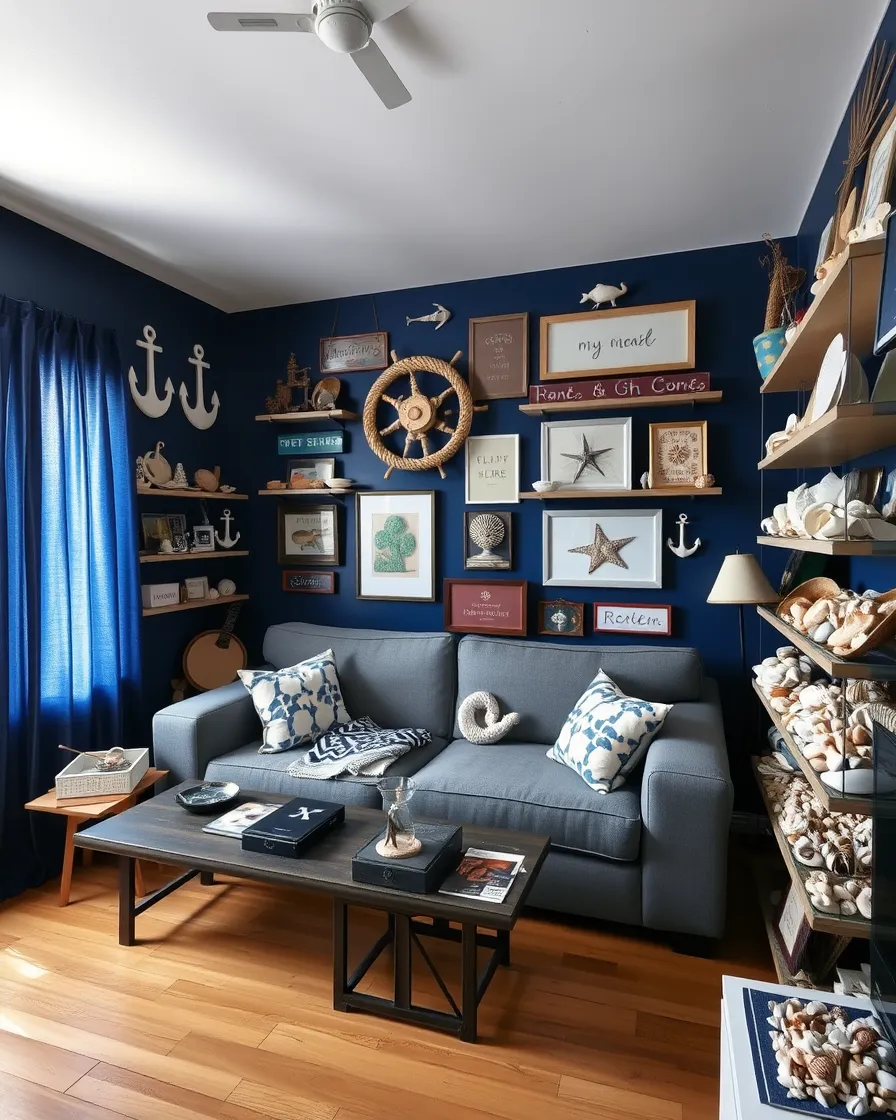 Coastal Decor Mistakes: 7 to Avoid (and Easy Fixes) 2 Coastal decor mistakes: small living room with navy walls, anchors, a ship wheel, word signs and shells crowded on every shelf