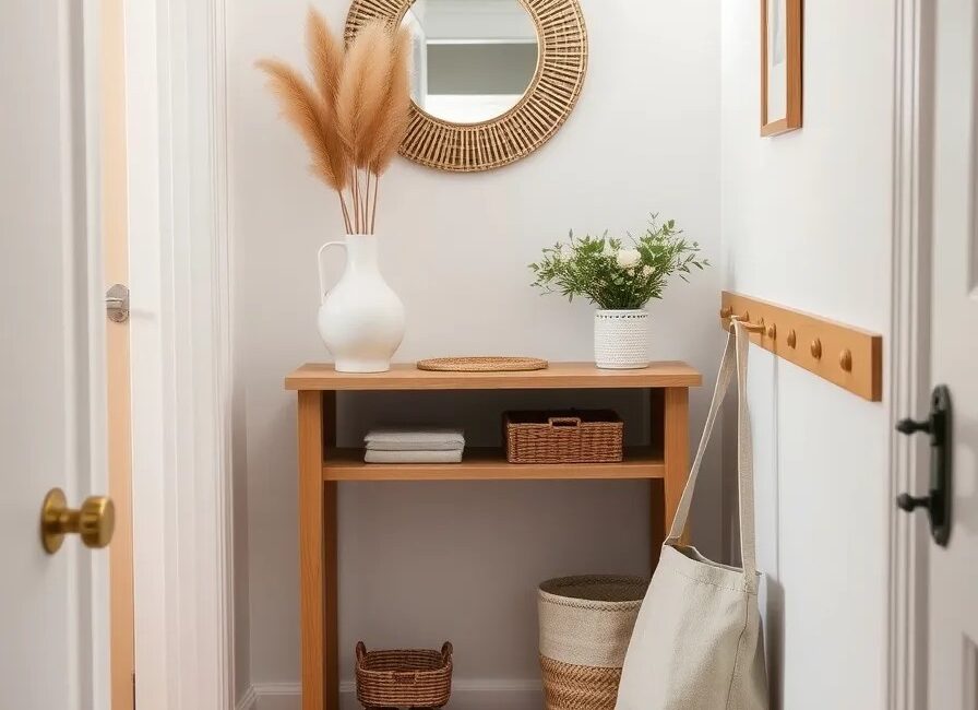 Coastal Entryway Ideas: 9 Easy Swaps for a Small Entryway (Before and After) 1 Small coastal entryway after makeover with light oak console, round rattan mirror, pampas grass and striped blue runner