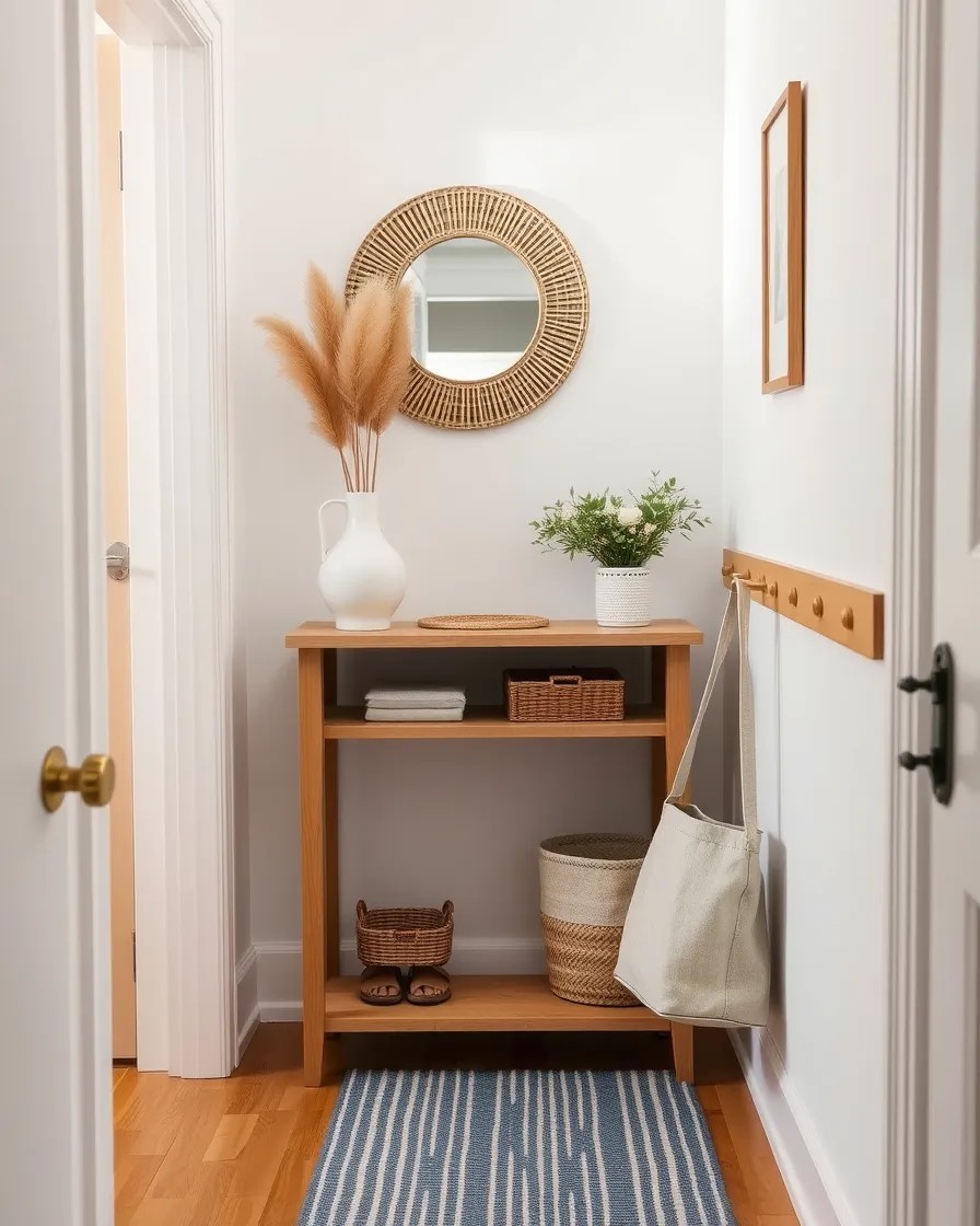Coastal Entryway Ideas: 9 Easy Swaps for a Small Entryway (Before and After) 3 Small coastal entryway after makeover with light oak console, round rattan mirror, pampas grass and striped blue runner