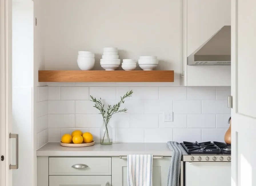 Coastal Kitchen Ideas: 8 Renter-Friendly Swaps (Before and After) 1 The same small rental kitchen after a coastal makeover, with a clear counter, rattan pendant, oak shelf with white ceramics and a blue striped tea towel