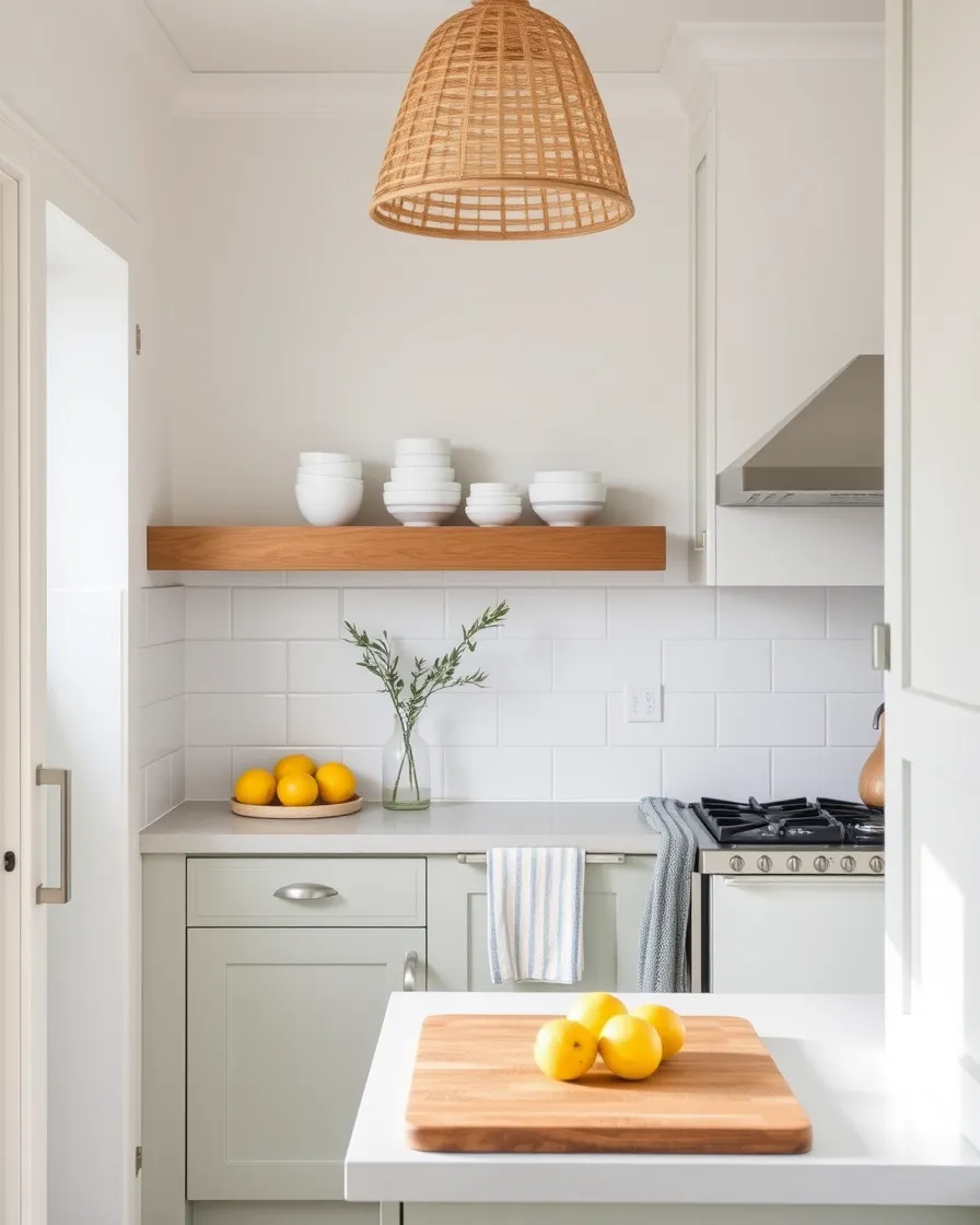 Coastal Kitchen Ideas: 8 Renter-Friendly Swaps (Before and After) 3 The same small rental kitchen after a coastal makeover, with a clear counter, rattan pendant, oak shelf with white ceramics and a blue striped tea towel