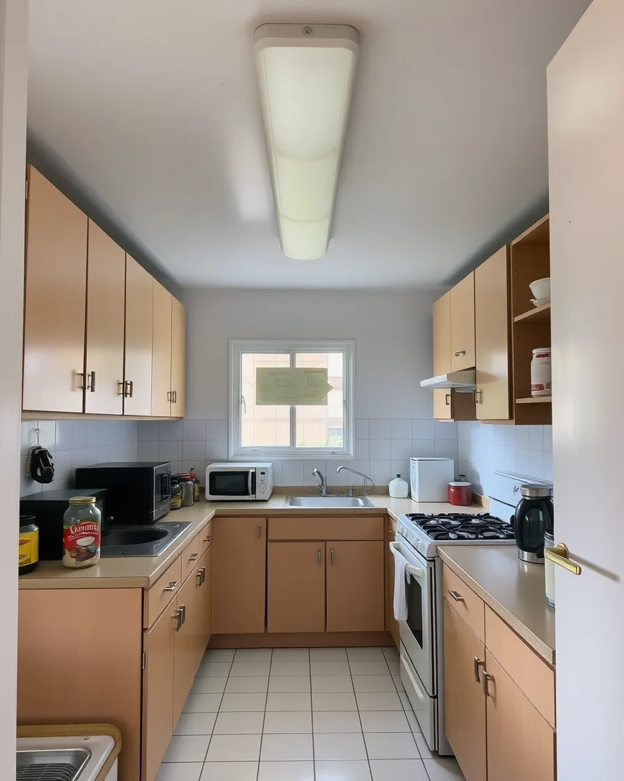 Coastal Kitchen Ideas: 8 Renter-Friendly Swaps (Before and After) 2 Small rental galley kitchen before the makeover, with beige cabinets, cluttered counters and cold ceiling light