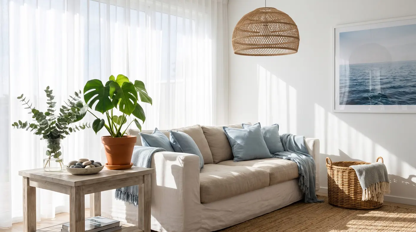 Bright coastal living room after the makeover, with sheer curtains, plants and a driftwood side table