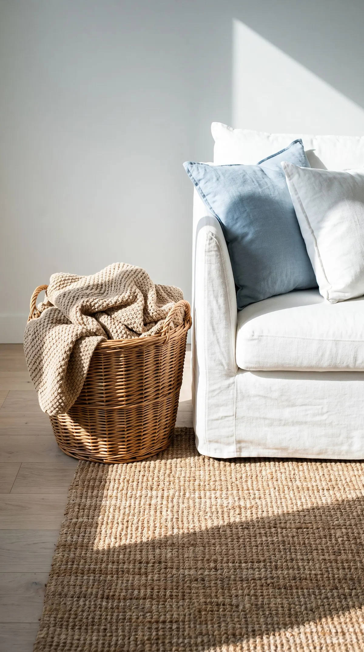 Jute rug, wicker basket and linen cushions on a white sofa
