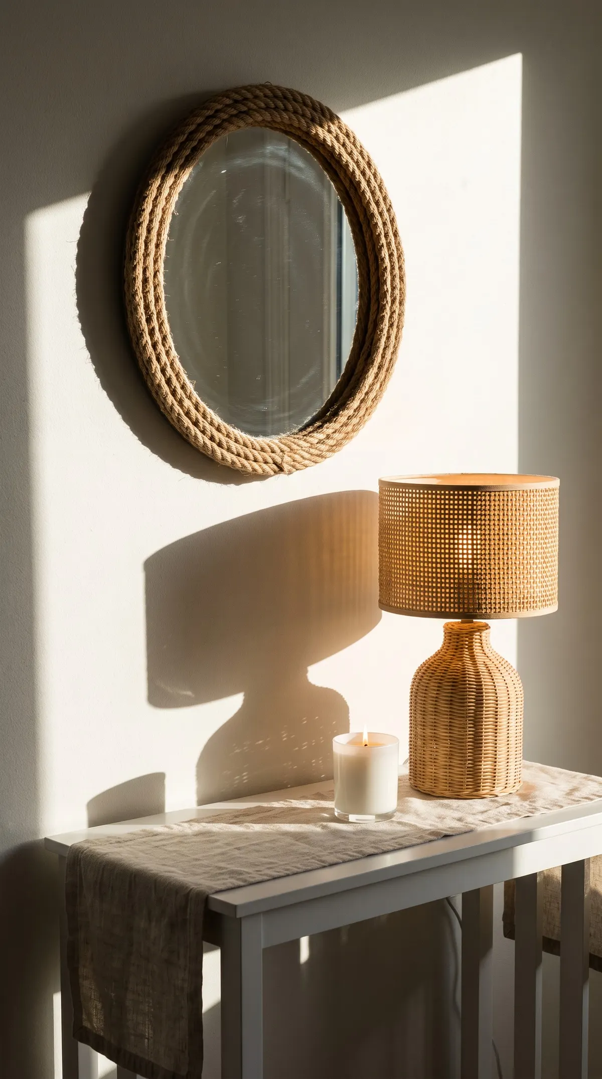 Rope mirror above a console with a rattan lamp and a candle