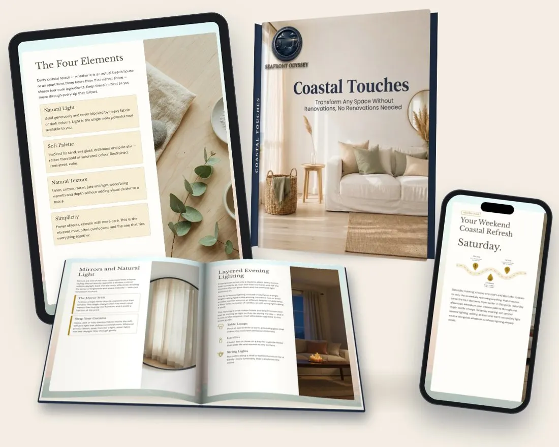 Coastal Touches guide as a book, on a tablet and on a phone