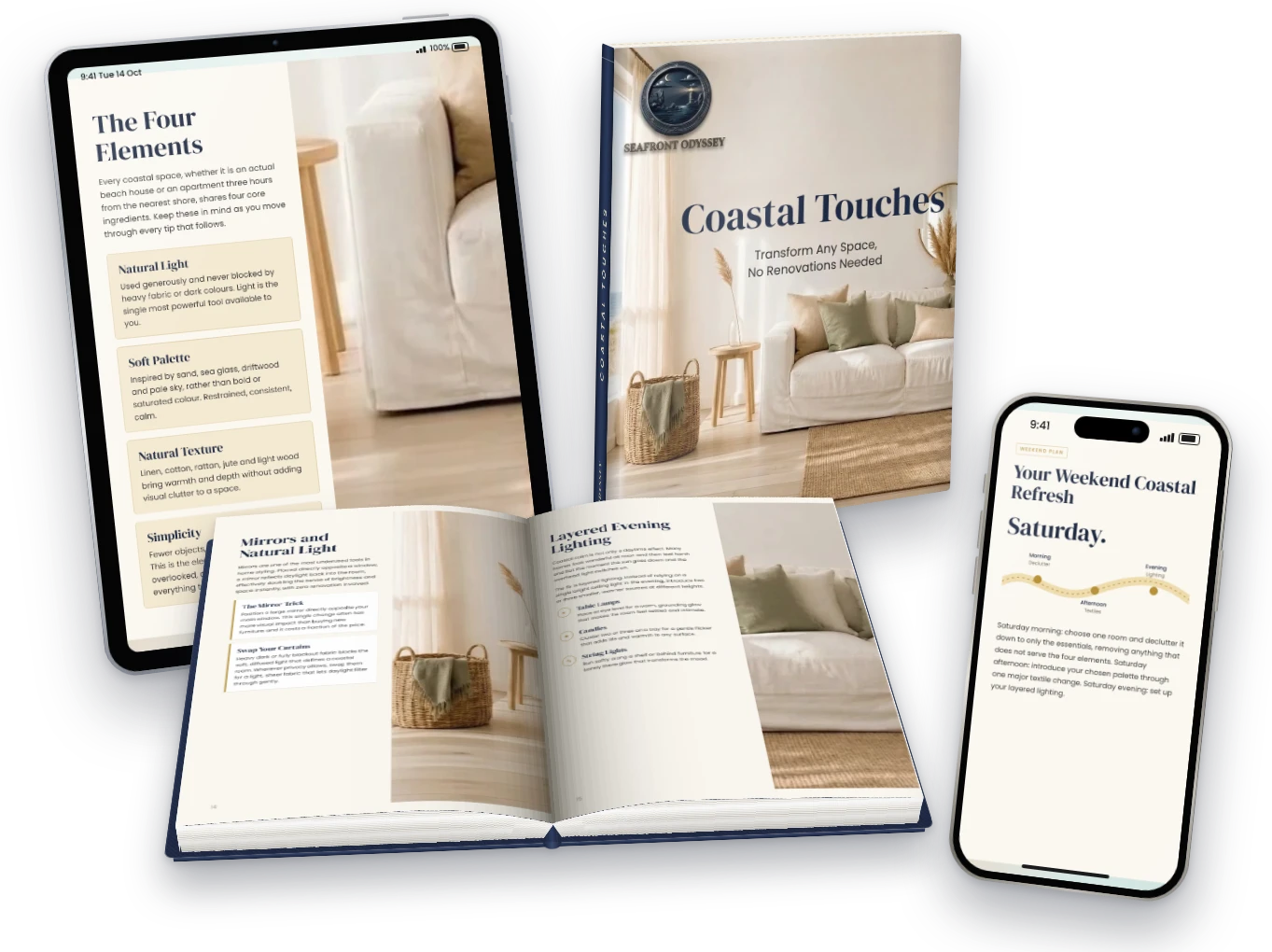 Coastal Touches guide on hardcover book, iPad and iPhone