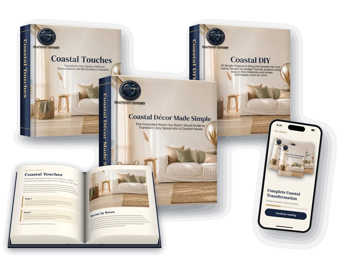 The 3 Home & Decor guides together as hardcover books, open book and iPhone