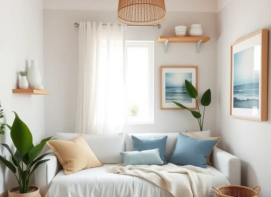 Small Apartment Coastal Decor: 7 Renter-Friendly Swaps 1 Small studio apartment after a coastal makeover, with a white linen sofa bed, sheer curtains, a jute rug and a rattan pendant