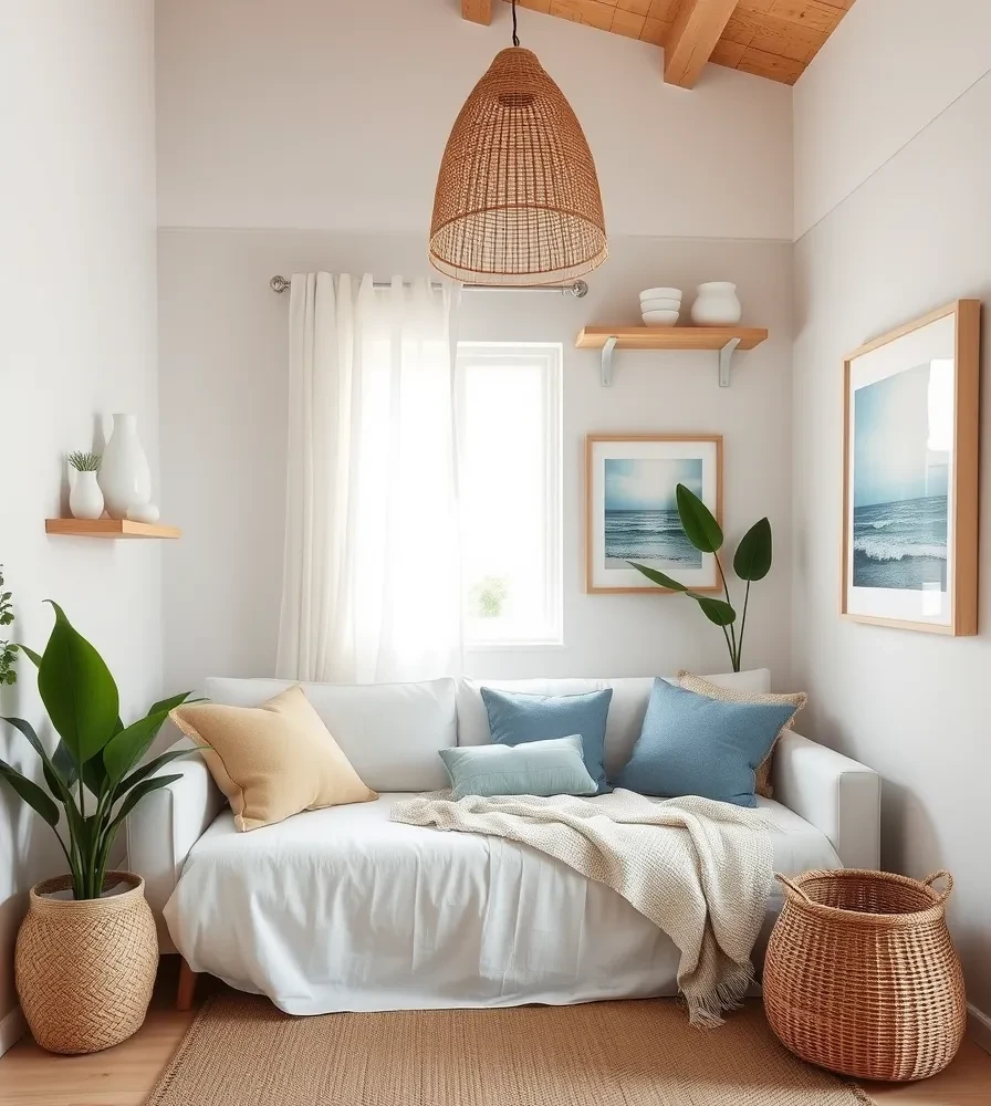 Small Apartment Coastal Decor: 7 Renter-Friendly Swaps 3 The same small studio apartment after a coastal makeover, with a white linen sofa bed, sheer curtains, a jute rug and a rattan pendant