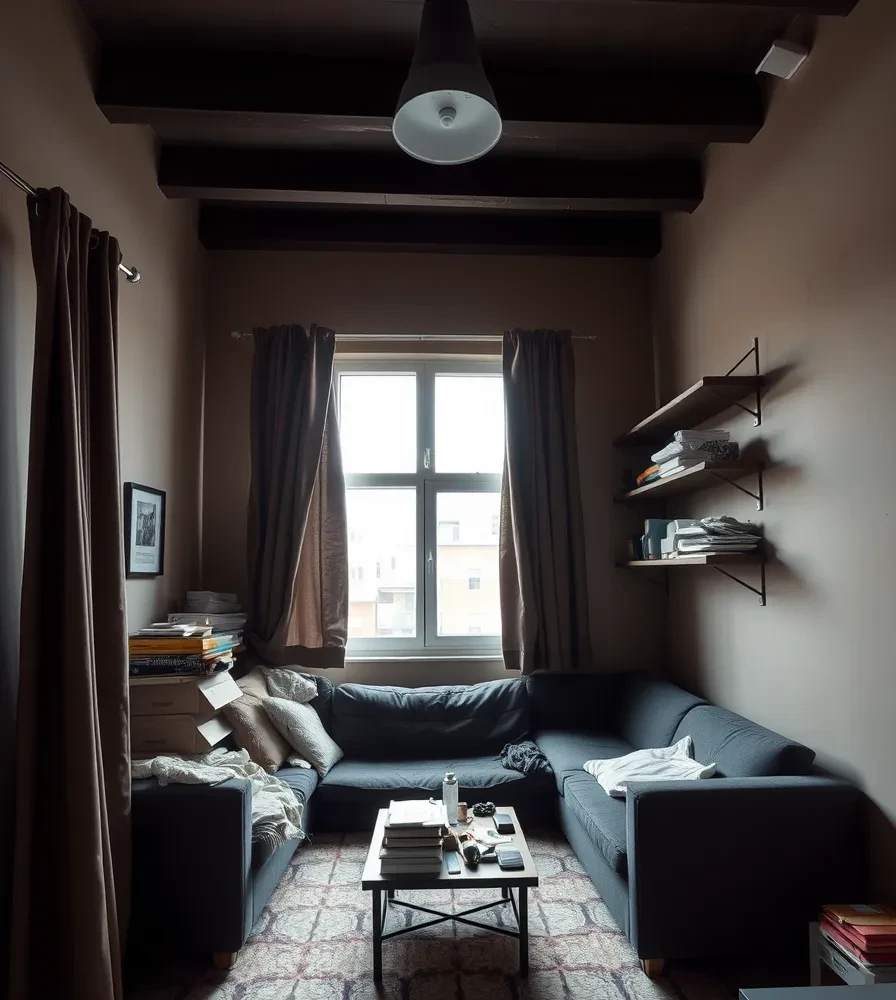 Small Apartment Coastal Decor: 7 Renter-Friendly Swaps 2 Small rental studio apartment before a coastal makeover, with a dark sofa bed, heavy curtains and clutter