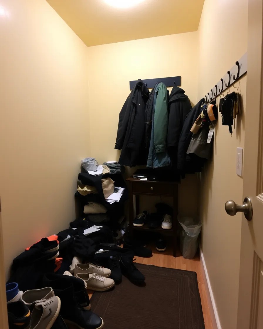 Coastal Entryway Ideas: 9 Easy Swaps for a Small Entryway (Before and After) 2 Small cluttered entryway before makeover with yellow walls, overloaded coat hooks and shoes on the floor
